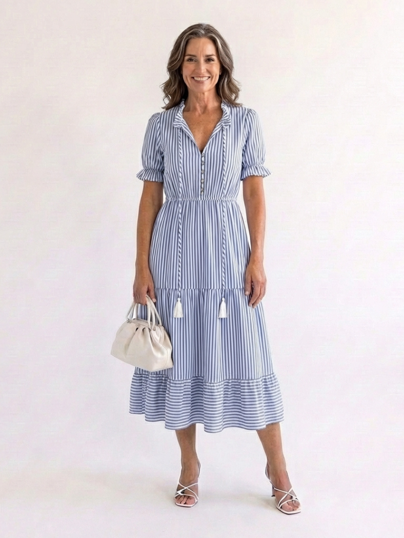 Dakota Striped Tiered Midi Dress – Short Sleeve V-Neck Sundress