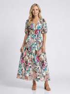 Eulalie Floral V-Neck Midi Dress – Gathered Waist Short Sleeve Dress