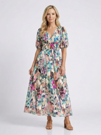 Eulalie Floral V-Neck Midi Dress – Gathered Waist Short Sleeve Dress