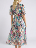 Eulalie Floral V-Neck Midi Dress – Gathered Waist Short Sleeve Dress