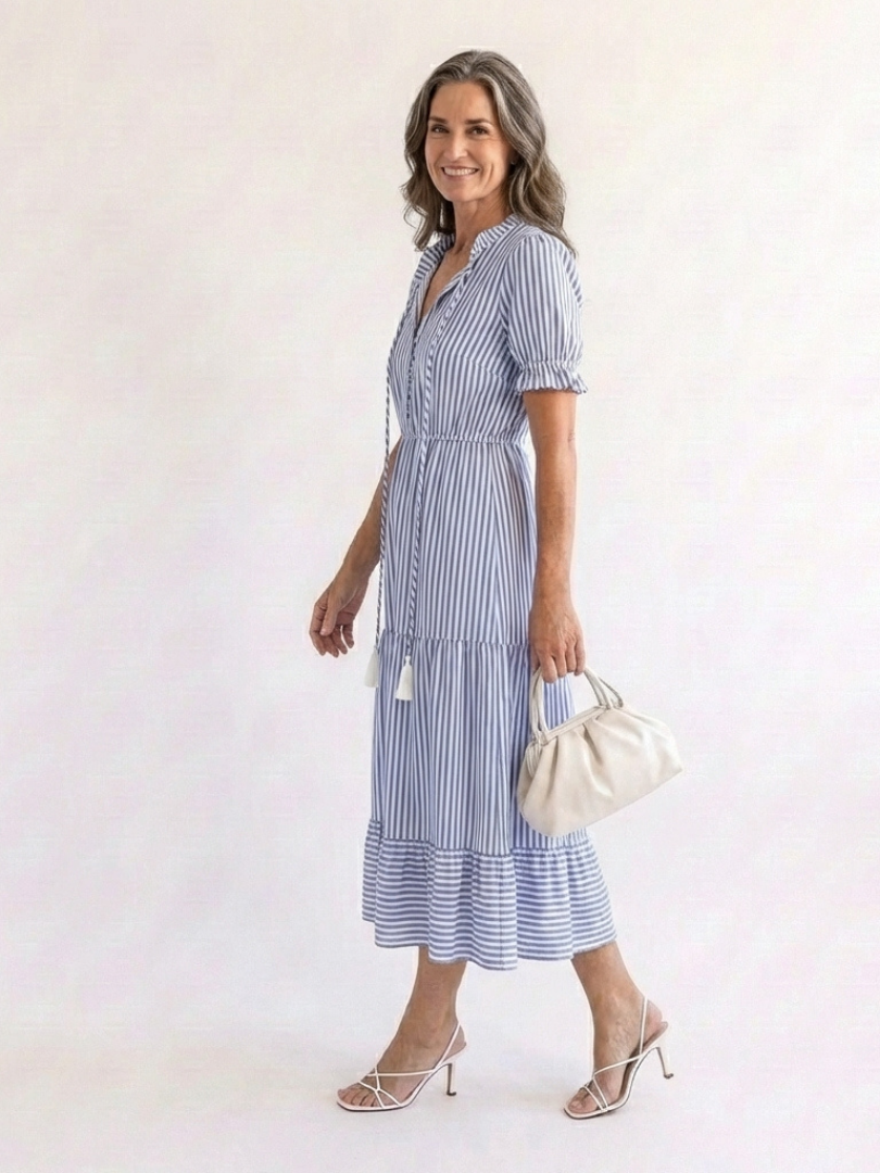Dakota Striped Tiered Midi Dress – Short Sleeve V-Neck Sundress