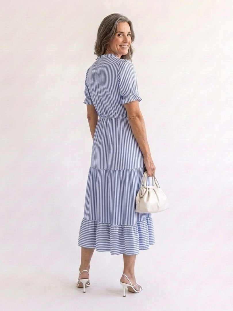 Dakota Striped Tiered Midi Dress – Short Sleeve V-Neck Sundress