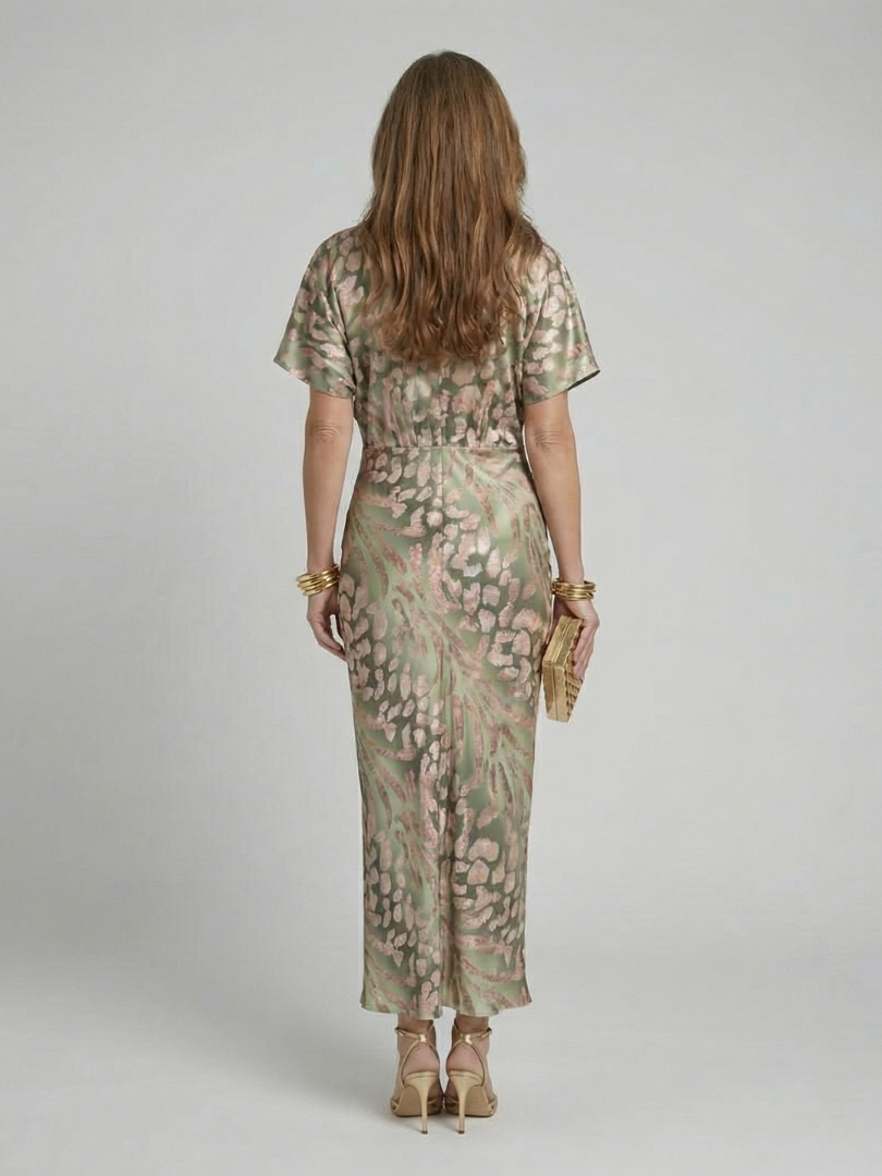 Coralie Abstract Print Midi Dress – Twist-Waist V-Neck Dress