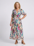 Eulalie Floral V-Neck Midi Dress – Gathered Waist Short Sleeve Dress