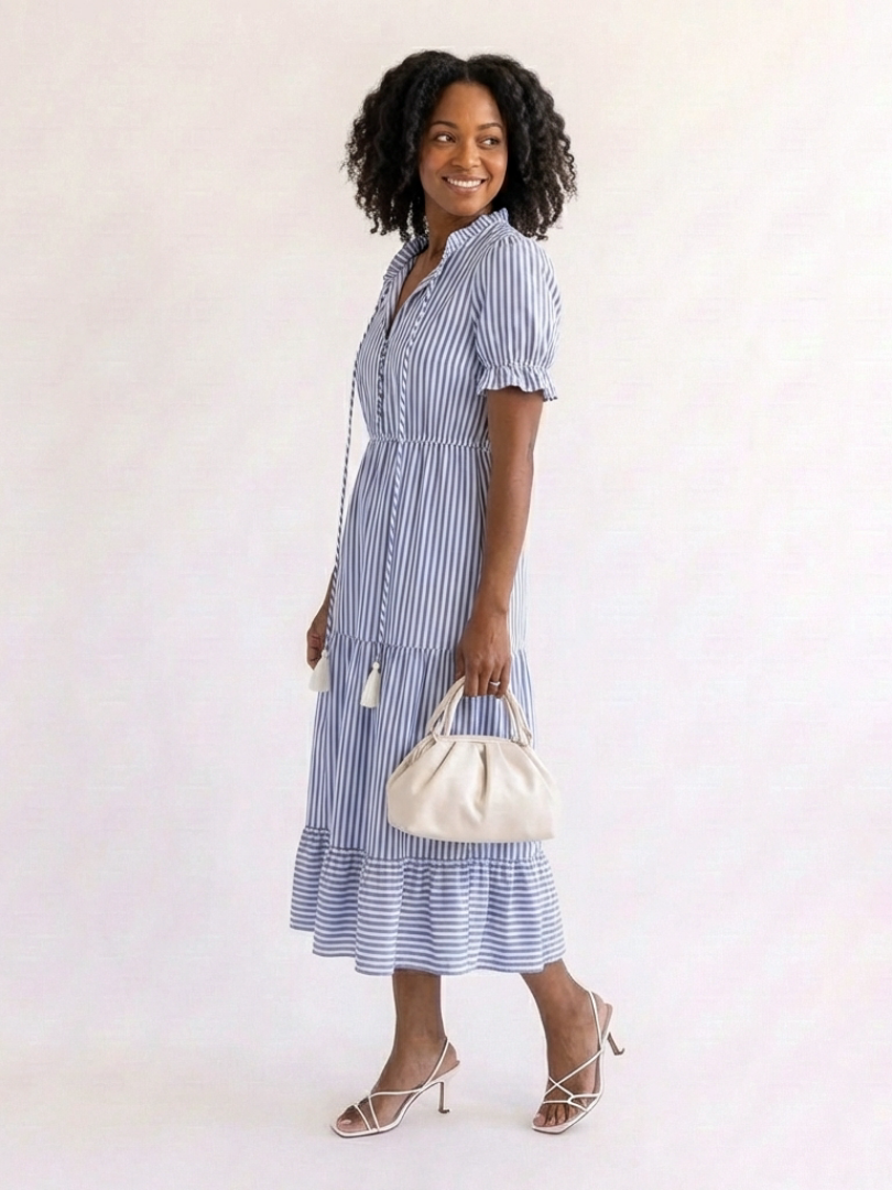Dakota Striped Tiered Midi Dress – Short Sleeve V-Neck Sundress