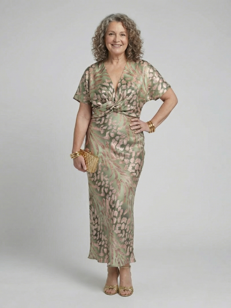Coralie Abstract Print Midi Dress – Twist-Waist V-Neck Dress