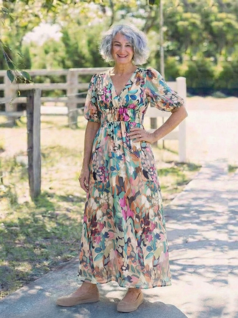 Eulalie Floral V-Neck Midi Dress – Gathered Waist Short Sleeve Dress