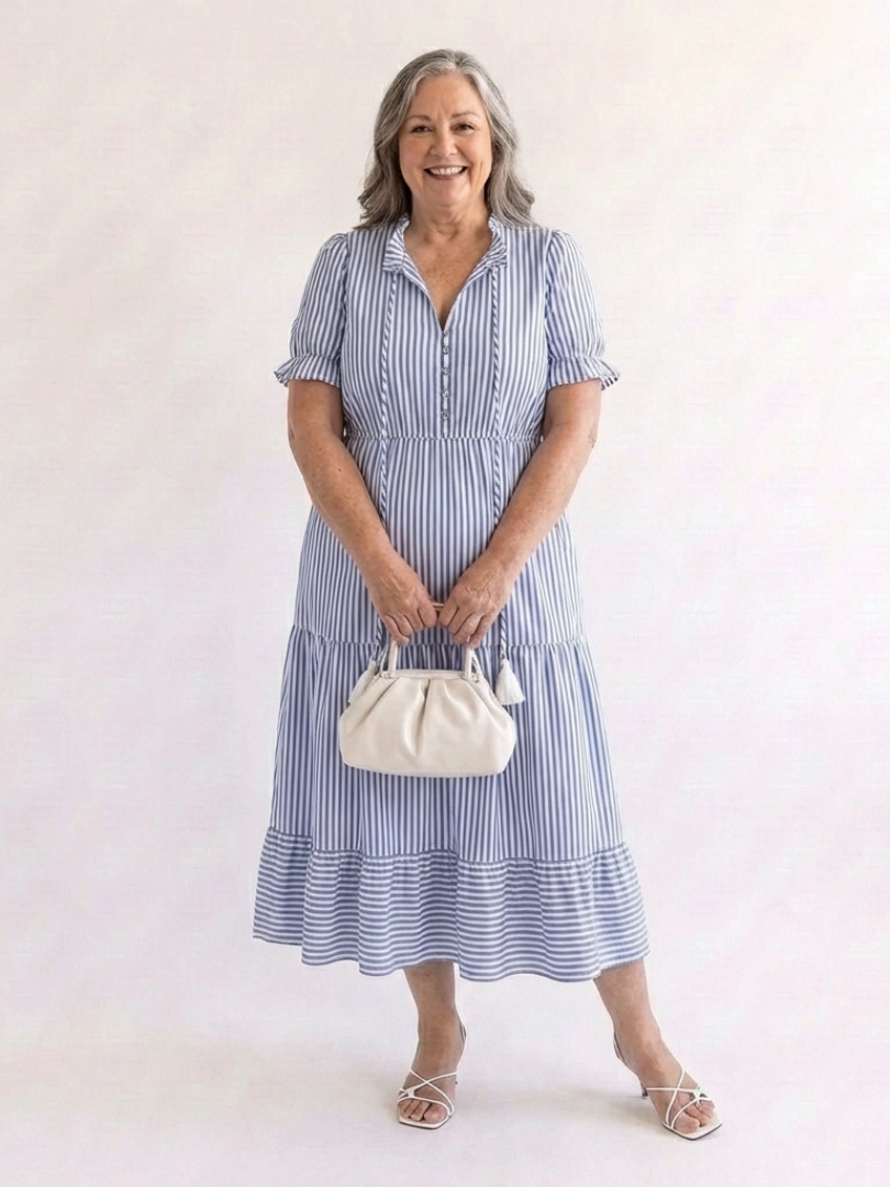 Dakota Striped Tiered Midi Dress – Short Sleeve V-Neck Sundress