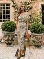 Coralie Abstract Print Midi Dress – Twist-Waist V-Neck Dress