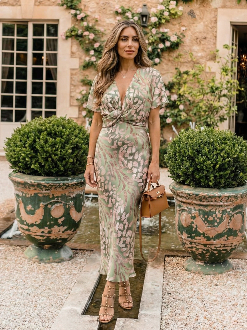 Coralie Abstract Print Midi Dress – Twist-Waist V-Neck Dress