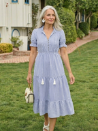 Dakota Striped Tiered Midi Dress – Short Sleeve V-Neck Sundress