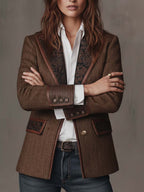 Women's Tweed Blazer UK – Herringbone Leather Trim | The Wren | Huna