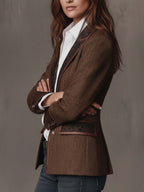 Women's Tweed Blazer UK – Herringbone Leather Trim | The Wren | Huna