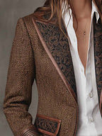 Women's Tweed Blazer UK – Herringbone Leather Trim | The Wren | Huna