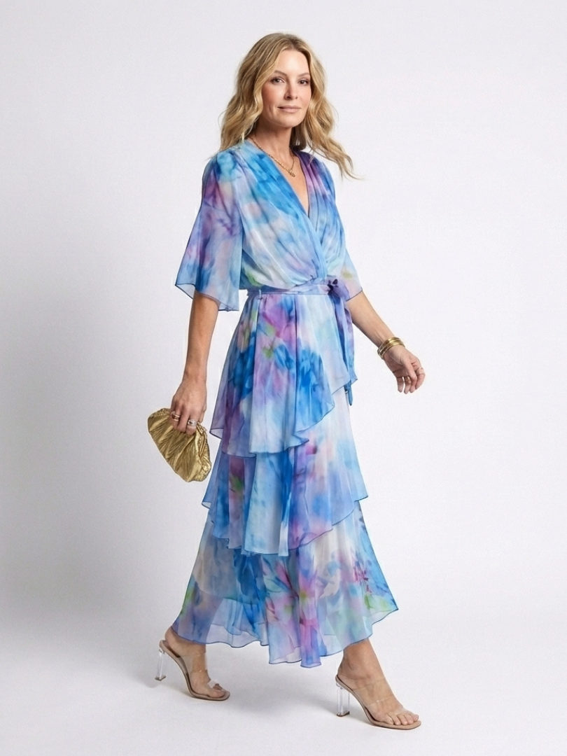 Calista Sheer Layered Maxi Dress – Tie-Waist V-Neck Summer Dress