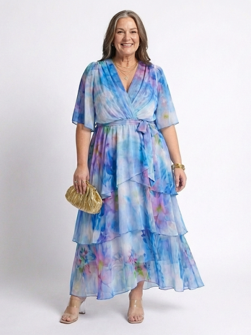 Calista Sheer Layered Maxi Dress – Tie-Waist V-Neck Summer Dress