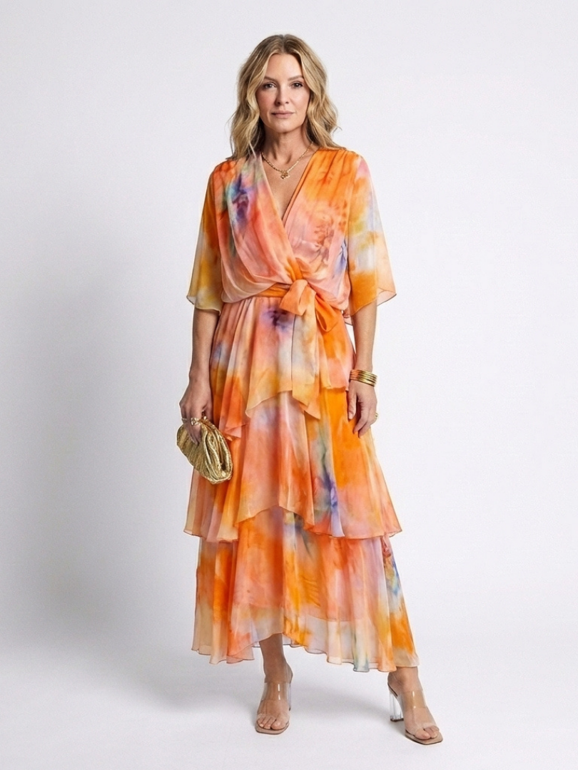 Calista Sheer Layered Maxi Dress – Tie-Waist V-Neck Summer Dress