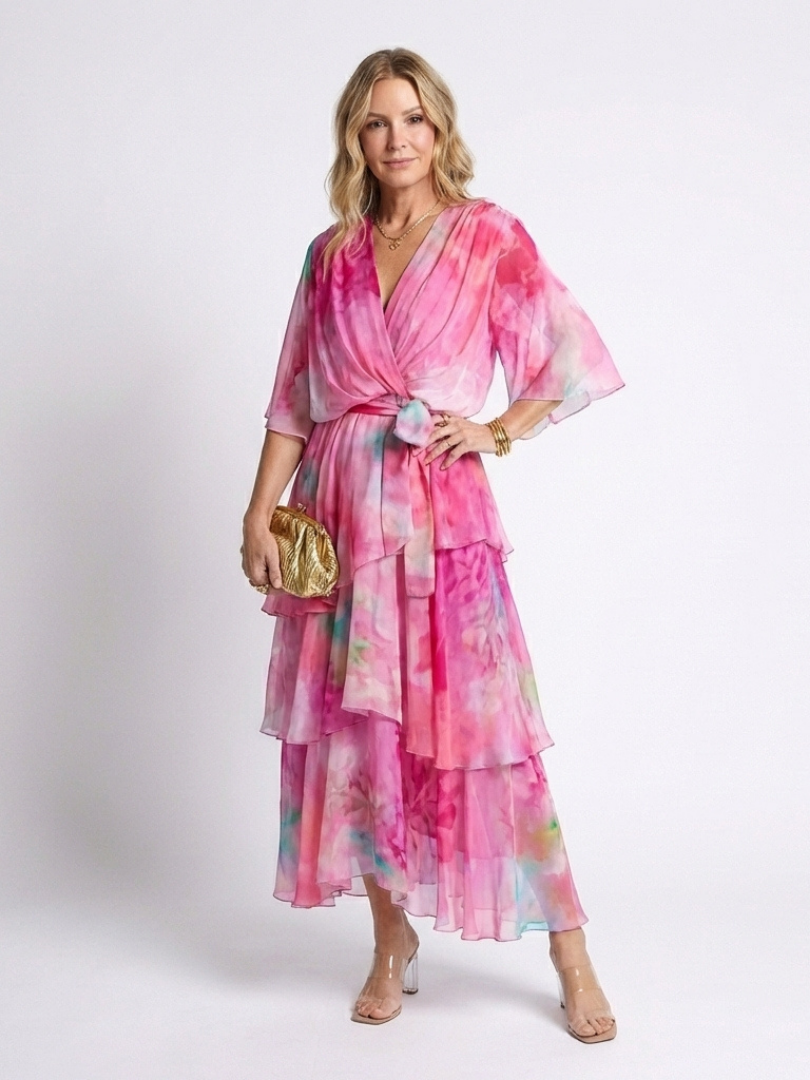 Calista Sheer Layered Maxi Dress – Tie-Waist V-Neck Summer Dress