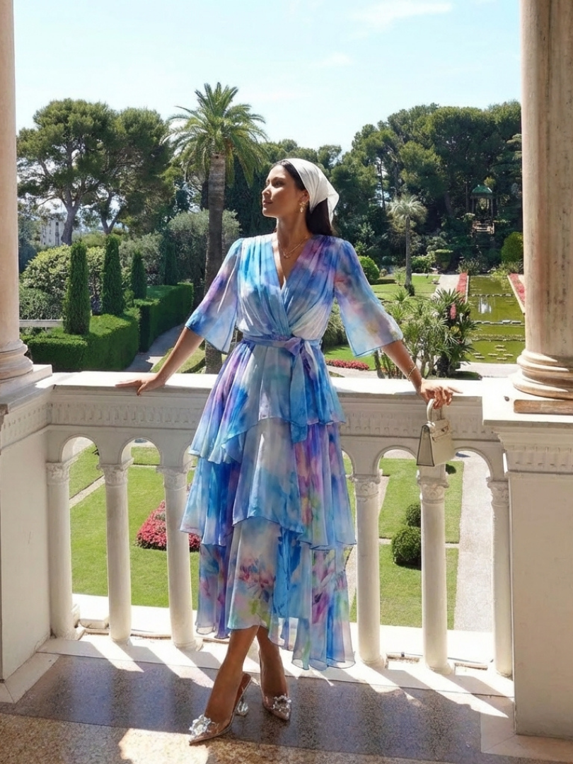 Calista Sheer Layered Maxi Dress – Tie-Waist V-Neck Summer Dress
